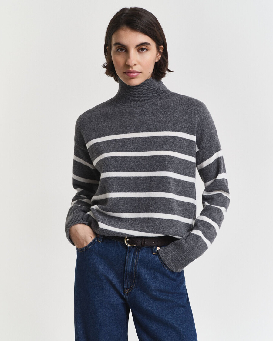 striped superfine lambswool turtleneck sweater - charcoal melange