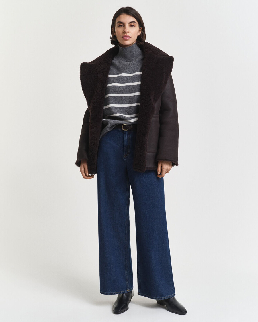 striped superfine lambswool turtleneck sweater - charcoal melange