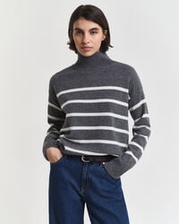 striped superfine lambswool turtleneck sweater - charcoal melange