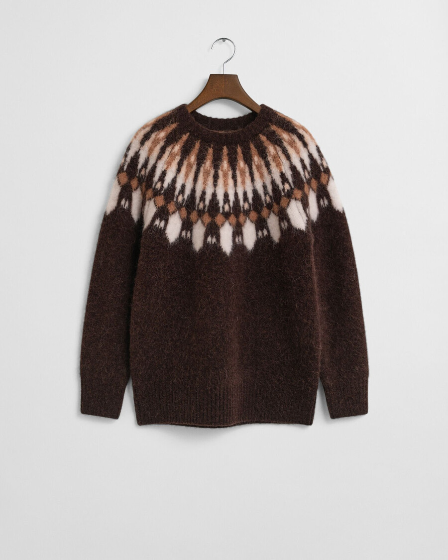 alpaca blend fair isle crew neck sweater - deep brown