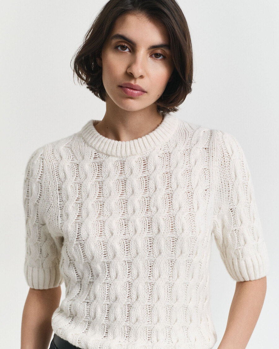 puff sleeve cable knit short sleeve top - cream