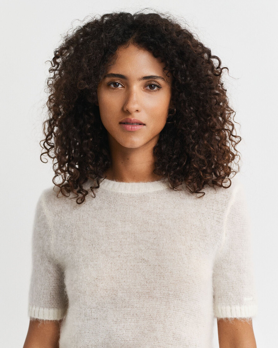 mohair blend short sleeve crew neck sweater - cream