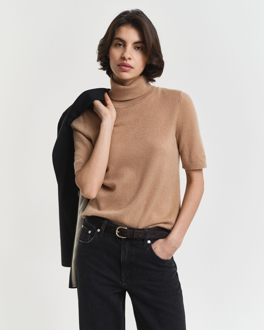short sleeved cashmere turtleneck sweater - warm khaki