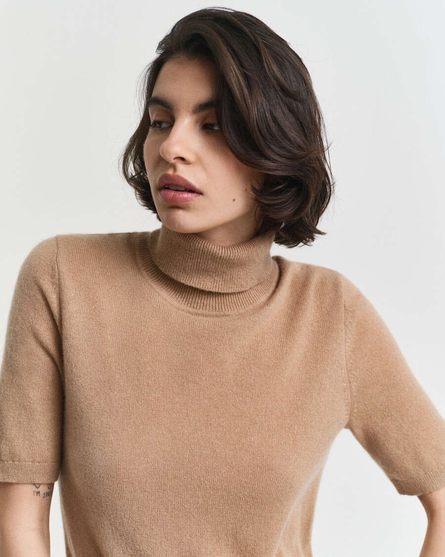 short sleeved cashmere turtleneck sweater - warm khaki